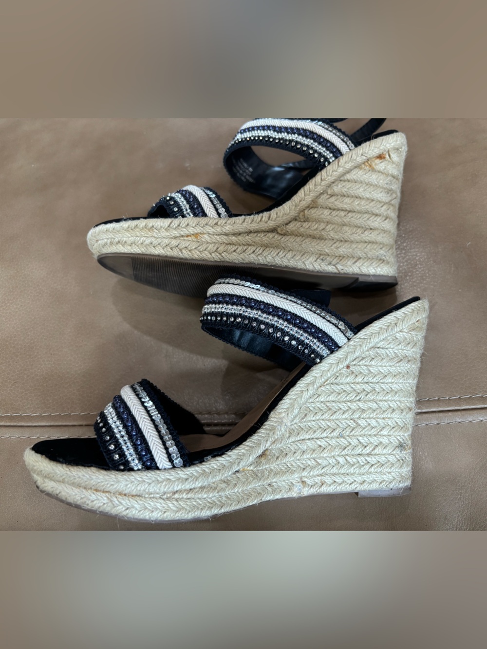 Andiamo Black Beaded Wedge Sandals with Ankle Strap - Picture 5 of 8